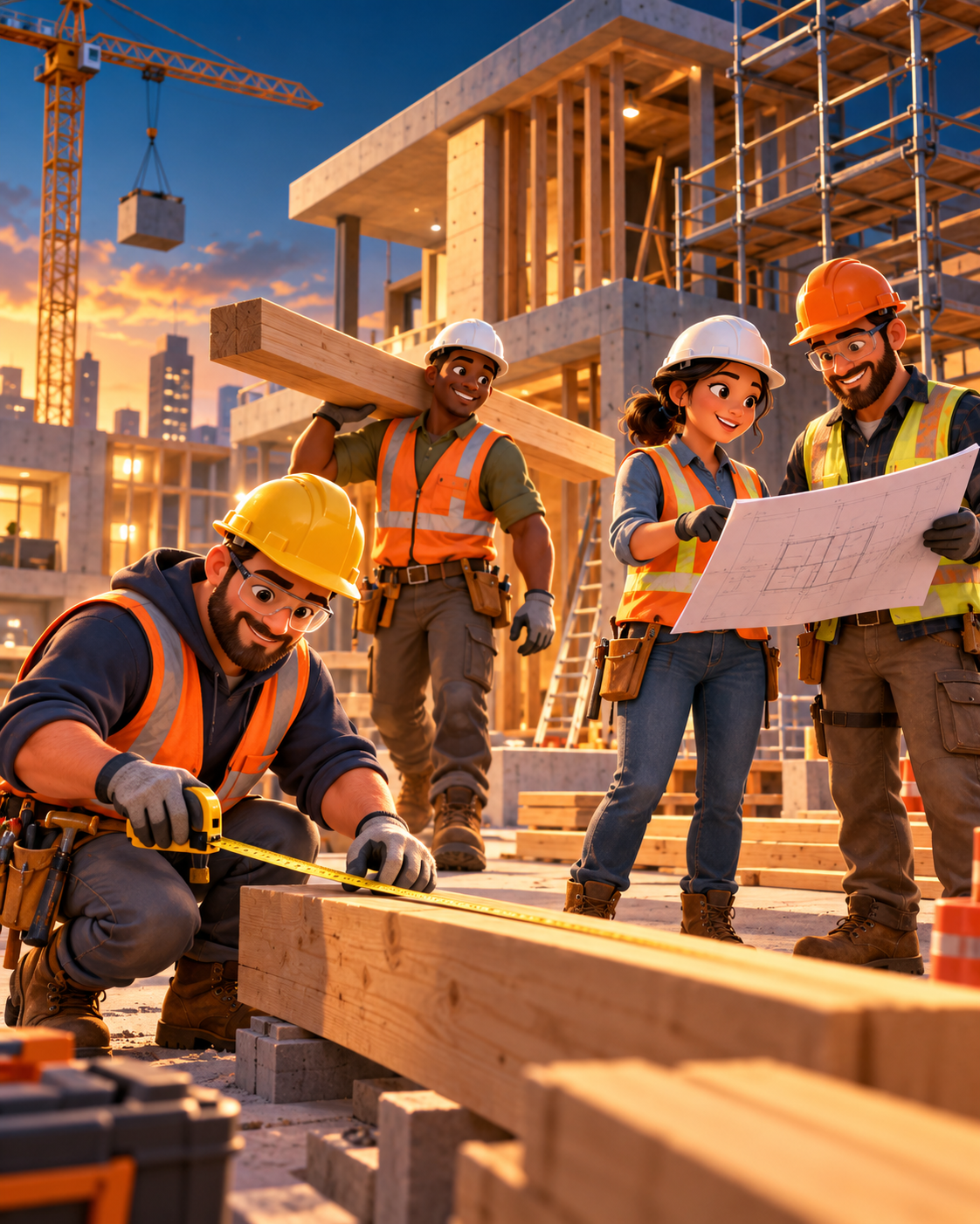 A friendly crew of construction workers building together